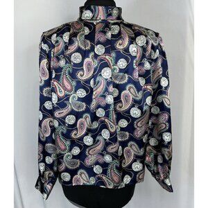 Vintage Anna Kriste Petites High Neck Blouse Blue Paisley 80's Secretary 14P